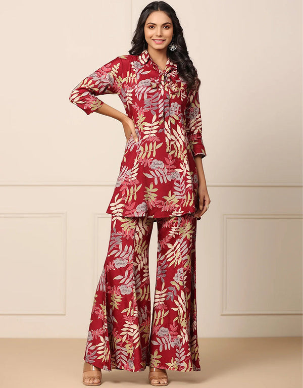 elegant maroon cotton blend beautiful readymade co-ord top with bottom set suit design pant 13546-acy3297 Front View