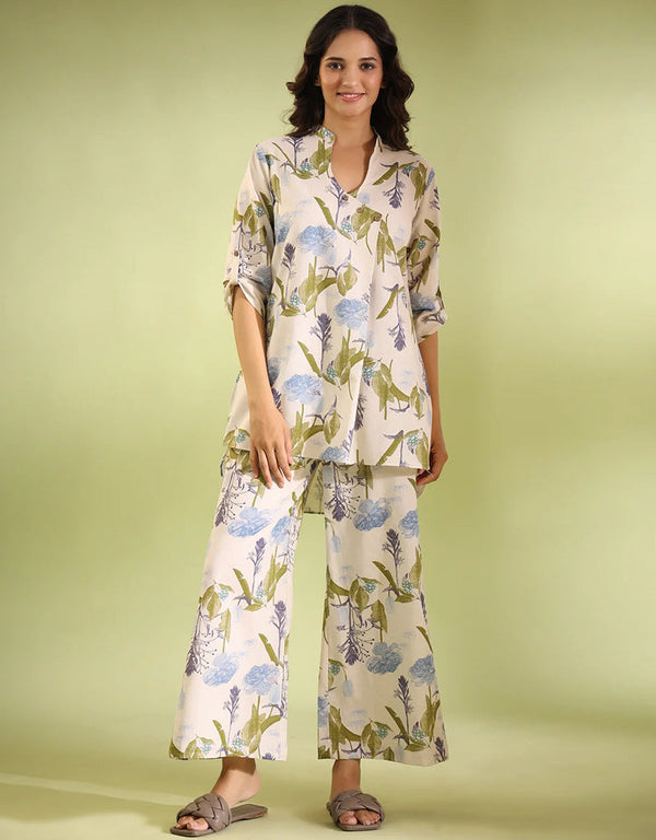 fashionable off white cotton blend beautiful readymade co-ord top with bottom set suit design pant 13546-acy3298 Front View