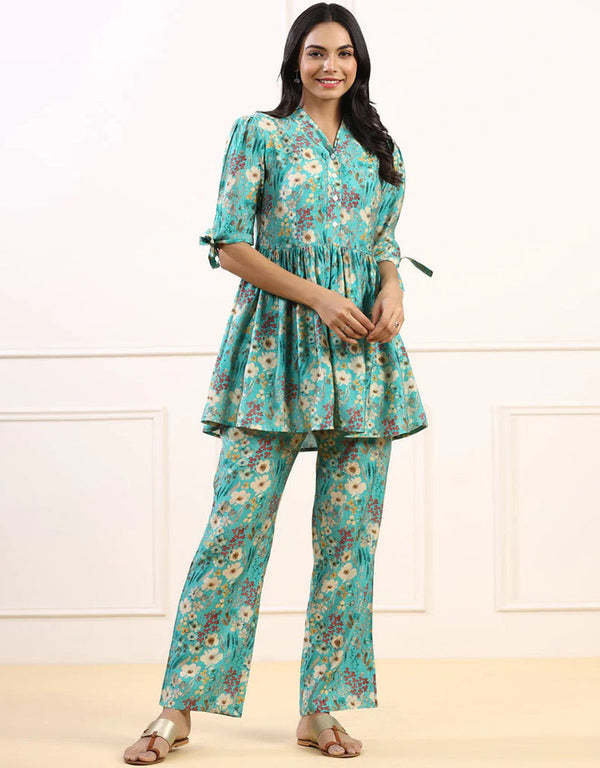 modern blue cotton blend beautiful readymade co-ord top with bottom set suit design pant 13546-acy3300 Front View