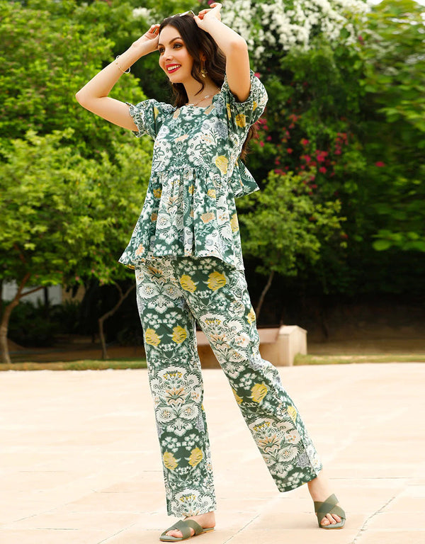 glamorous green cotton blend beautiful readymade co-ord top with bottom set suit design pant 13547-acy3302 Front View