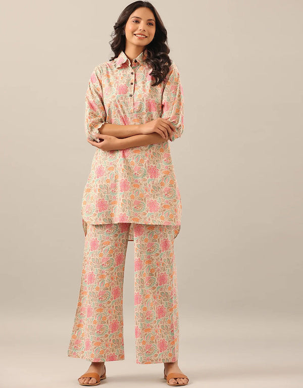contemporary multi color cotton blend beautiful readymade co-ord top with bottom set suit design pant 13547-acy3303 Front View