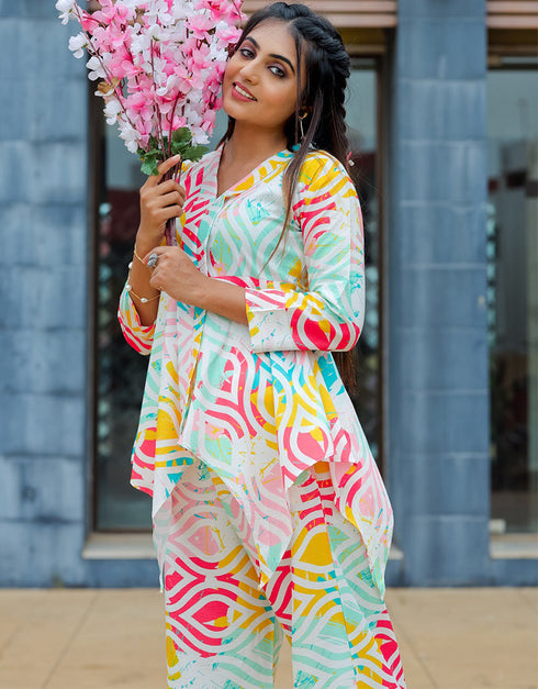 classy multi color cotton blend beautiful readymade co-ord top with bottom set suit design pant 13547-acy3304 Back View