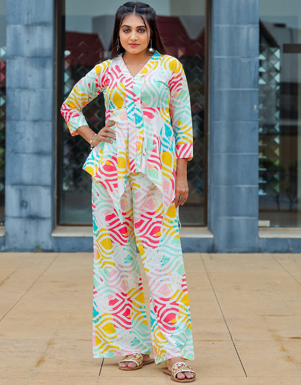 classy multi color cotton blend beautiful readymade co-ord top with bottom set suit design pant 13547-acy3304 Front View
