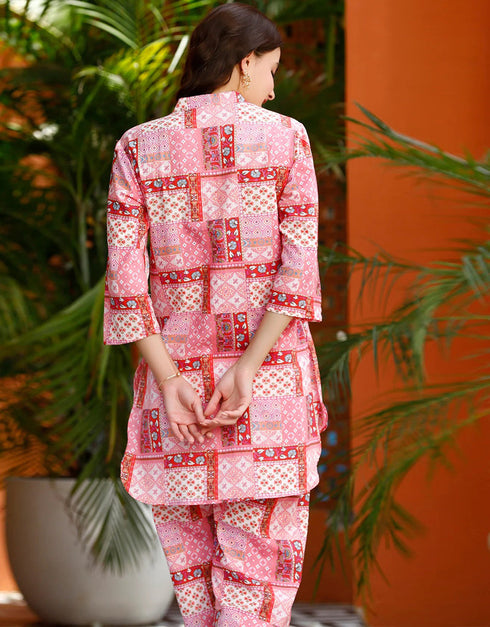 chic pink cotton blend beautiful readymade co-ord top with bottom set suit design pant 13547-acy3306 Close-up View