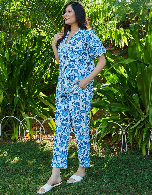 fashionable blue cotton blend beautiful readymade co-ord top with bottom set suit design pant 13547-acy3309 Front View