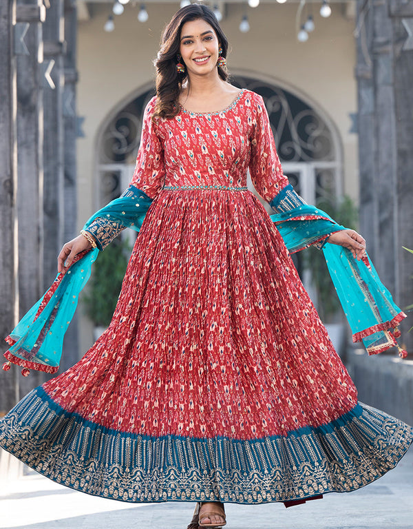 georgette trendy designer party wear readymade gown gown with printed,embroidery,hand work and blue dupatta 13549-acy3319 Front View