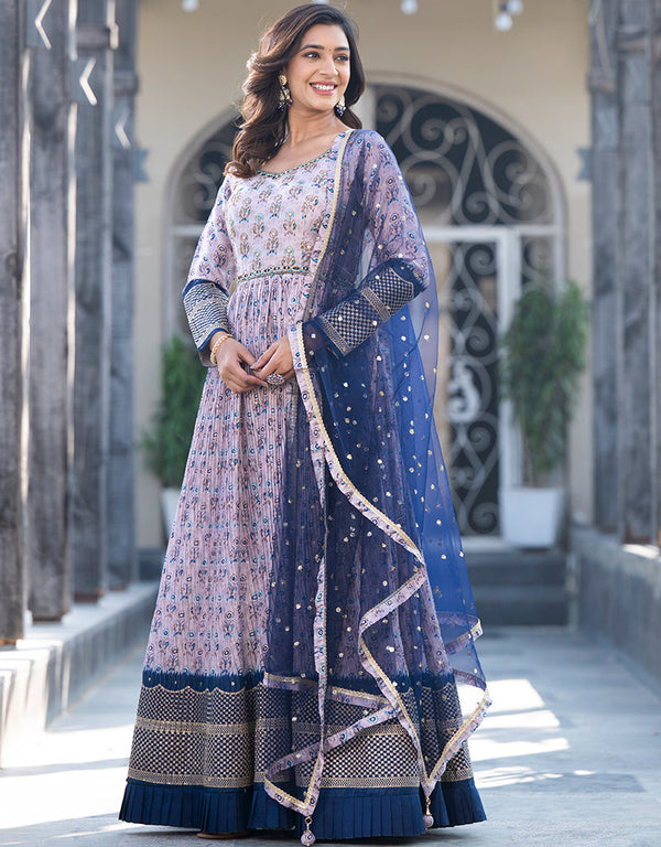 georgette trendy designer party wear readymade gown gown with printed,embroidery,hand work and blue dupatta 13549-acy3320 Front View