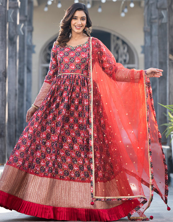 georgette trendy designer party wear readymade gown gown with printed,embroidery,hand work and maroon dupatta 13549-acy3321 Front View