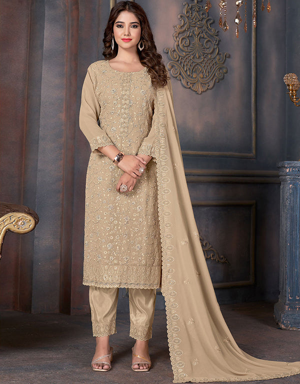 trendy beige georgette designer traditional party wear salwar suit with beige santoon 13555-acy3357 Front View