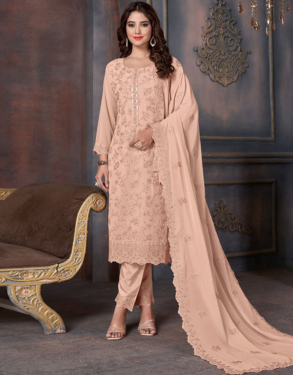fashionable peach georgette designer traditional party wear salwar suit with peach santoon 13555-acy3359 Front View