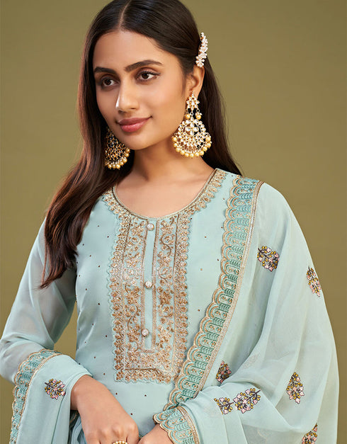 sleek firozi georgette designer traditional party wear salwar suit with firozi dull santoon 13556-acy3360 Close-up View