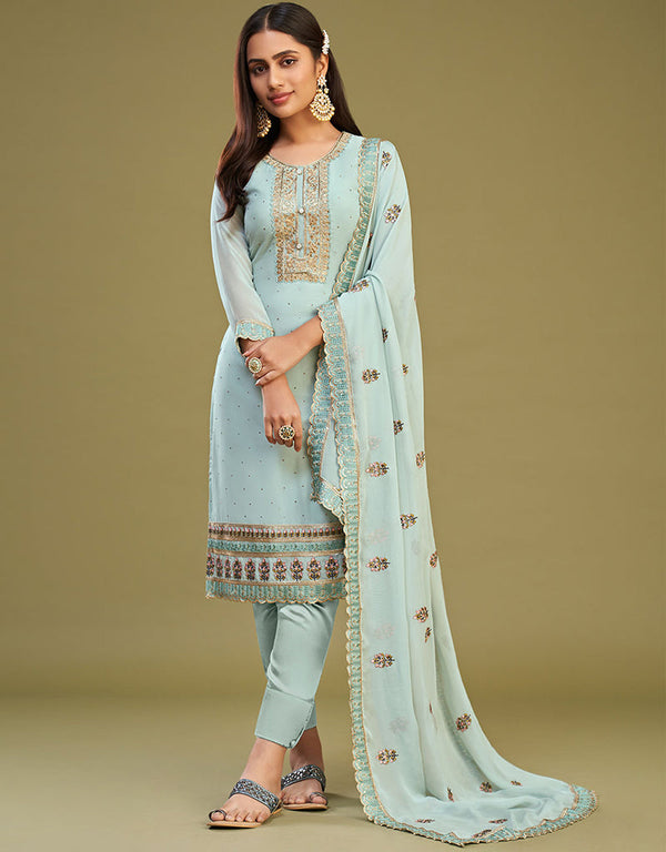 sleek firozi georgette designer traditional party wear salwar suit with firozi dull santoon 13556-acy3360 Front View