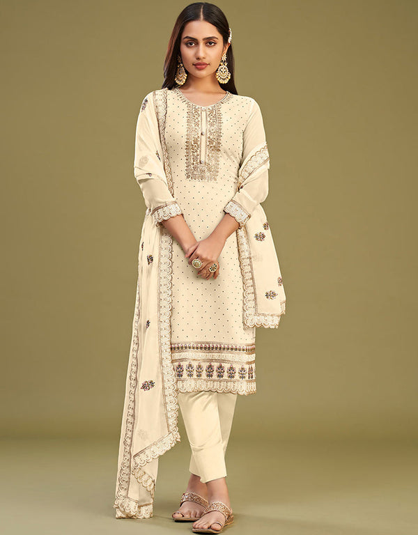 sophisticated off white georgette designer traditional party wear salwar suit with off white dull santoon 13556-acy3362 Front View