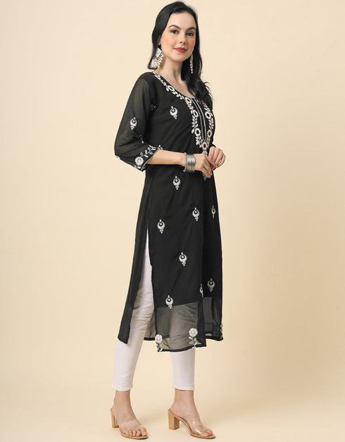 chic embroidery work georgette designer party wear readymade long kurtis with black 13560-acy3392 Side View
