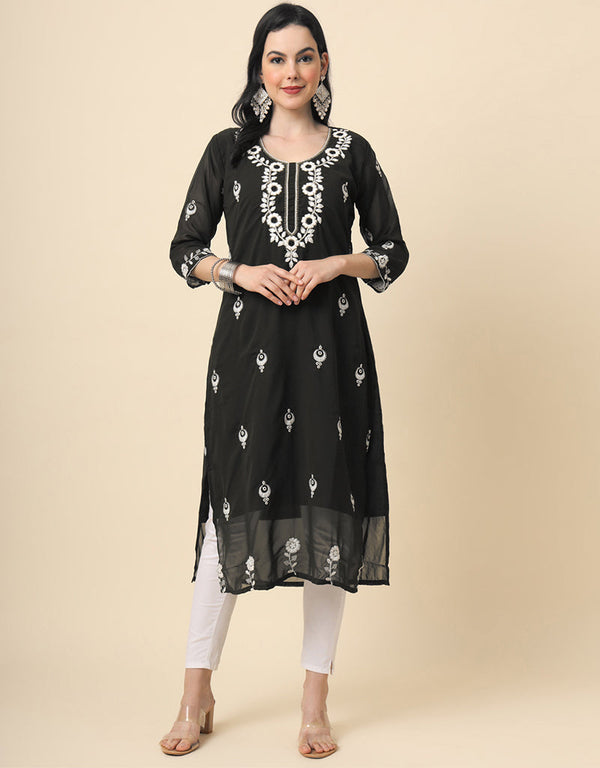 chic embroidery work georgette designer party wear readymade long kurtis with black 13560-acy3392 Front View