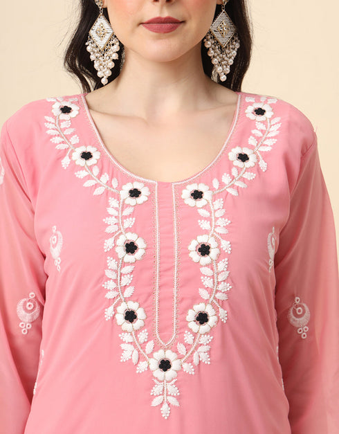 trendy embroidery work georgette designer party wear readymade long kurtis with pink 13560-acy3393 Back View