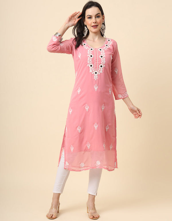 trendy embroidery work georgette designer party wear readymade long kurtis with pink 13560-acy3393 Front View
