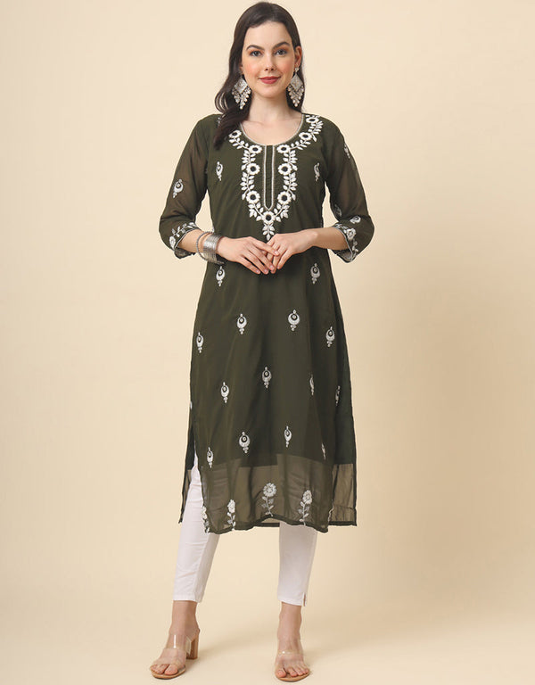 elegant embroidery work georgette designer party wear readymade long kurtis with green 13560-acy3394 Front View