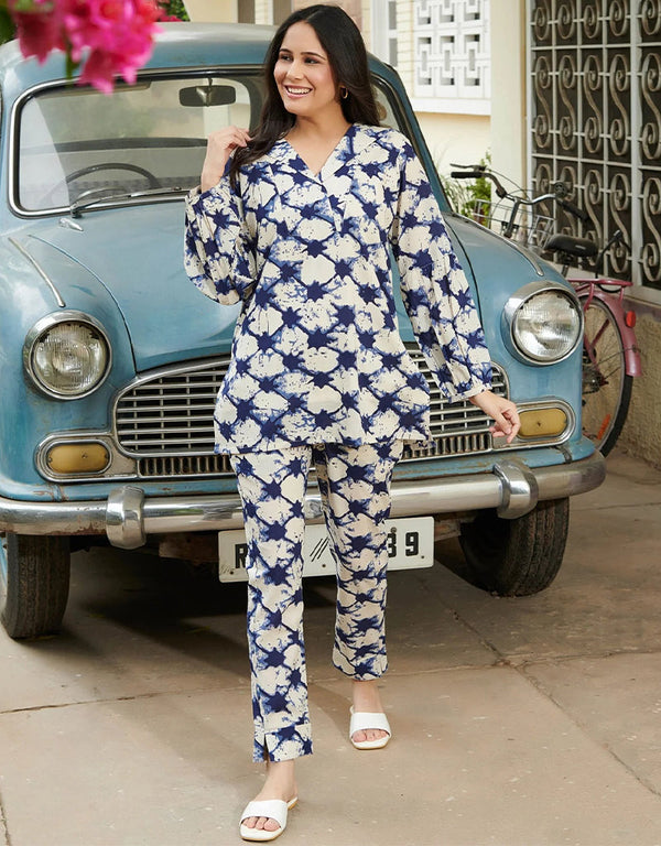 modern white cotton blend beautiful readymade co-ord top with bottom set suit design pant 13562-acy3401 Front View