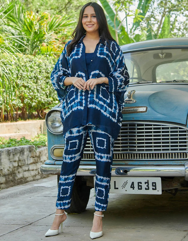 glamorous blue cotton blend beautiful readymade co-ord top with bottom set suit design pant 13562-acy3403 Front View