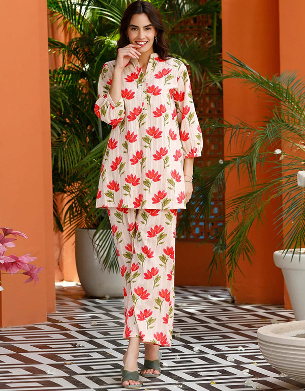 classy off white cotton blend beautiful readymade co-ord top with bottom set suit design pant 13562-acy3405 Front View