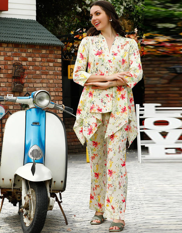 fashionable cream cotton blend beautiful readymade co-ord top with bottom set suit design pant 13562-acy3410 Front View