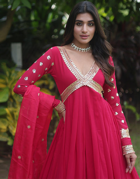 faux georgette trendy designer party wear readymade gown gown with designer jari,sequance embroidery work and pink dupatta 13563-acy3411 Back View