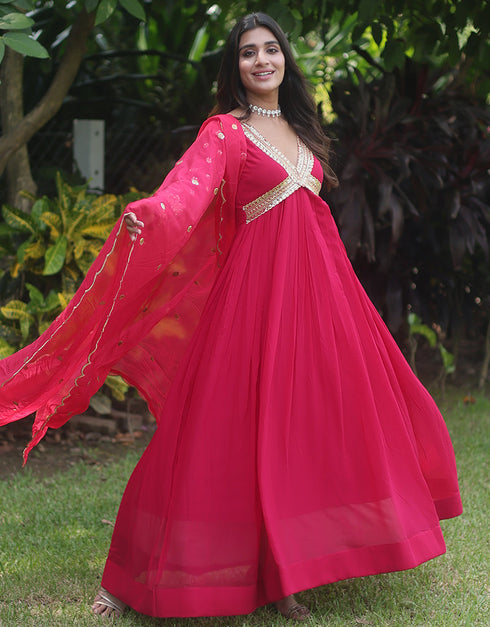 faux georgette trendy designer party wear readymade gown gown with designer jari,sequance embroidery work and pink dupatta 13563-acy3411 Side View