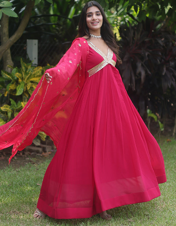 faux georgette trendy designer party wear readymade gown gown with designer jari,sequance embroidery work and pink dupatta 13563-acy3411 Front View
