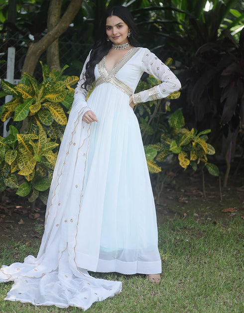 faux georgette trendy designer party wear readymade gown gown with designer jari,sequance embroidery work and white dupatta 13563-acy3412 Close-up View