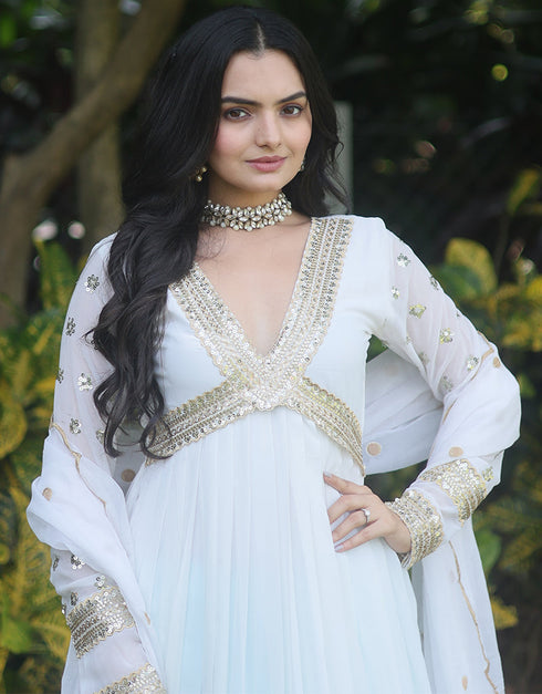 faux georgette trendy designer party wear readymade gown gown with designer jari,sequance embroidery work and white dupatta 13563-acy3412 Back View