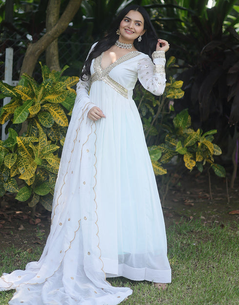 faux georgette trendy designer party wear readymade gown gown with designer jari,sequance embroidery work and white dupatta 13563-acy3412 Side View