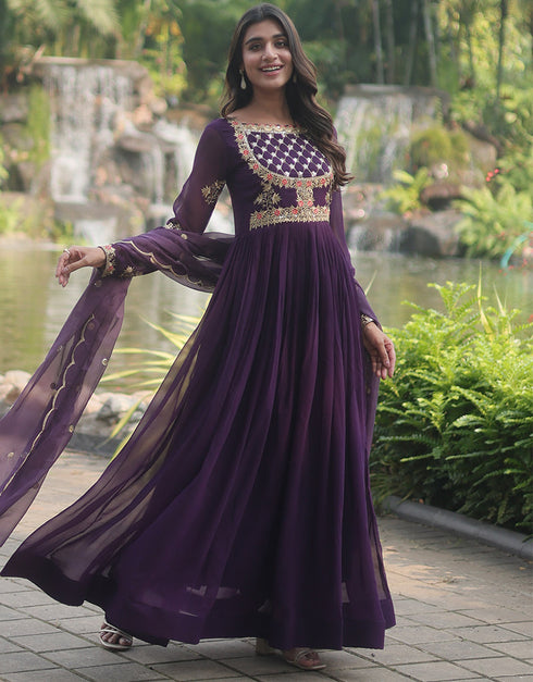 faux georgette trendy designer party wear readymade gown gown with designer jari,sequance embroidery work and black dupatta 13563-acy3414 Side View