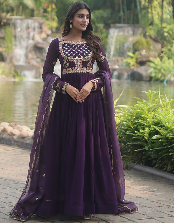 faux georgette trendy designer party wear readymade gown gown with designer jari,sequance embroidery work and black dupatta 13563-acy3414 Front View