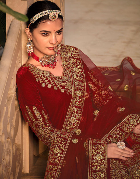 contemporary maroon velvet designer traditional wedding wear salwar suit with maroon micro 13566-acy3435 Close-up View