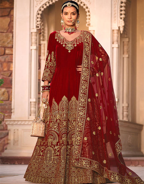 contemporary maroon velvet designer traditional wedding wear salwar suit with maroon micro 13566-acy3435 Front View