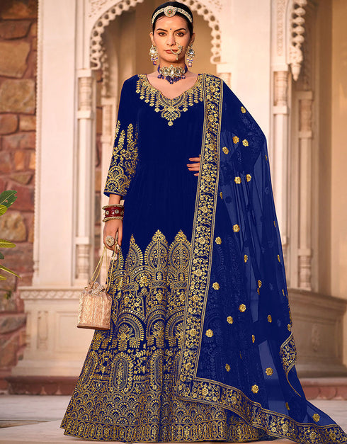 classy blue velvet designer traditional wedding wear salwar suit with blue micro 13566-acy3436 Front View