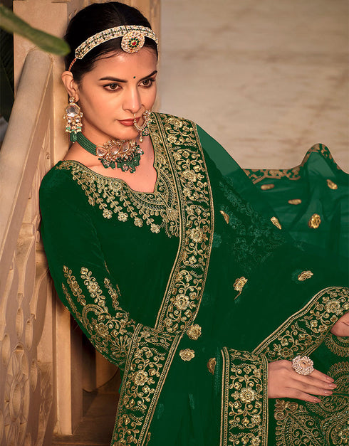 stylish green velvet designer traditional wedding wear salwar suit with green micro 13566-acy3437 Close-up View