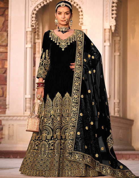 chic black velvet designer traditional wedding wear salwar suit with black micro 13566-acy3438 Front View