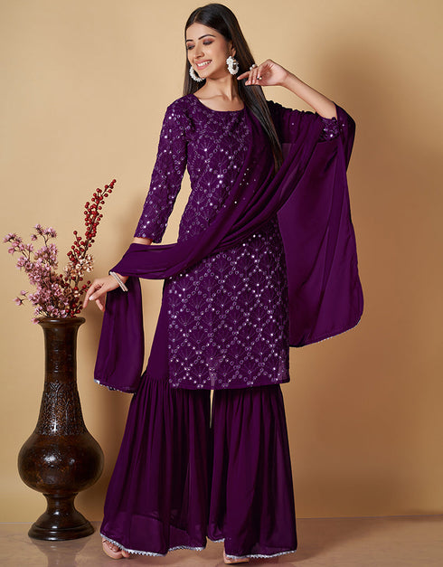 contemporary wine georgette heavy designer wedding wear georgette salwar suit with wine georgette 13570-acy3455 Front View