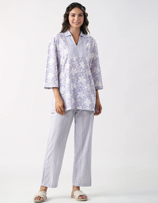 stylish grey cotton blend beautiful readymade co-ord top with bottom set suit design pant 13573-acy3467 Front View