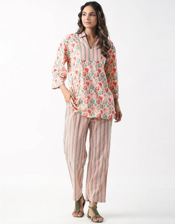 chic pink cotton blend beautiful readymade co-ord top with bottom set suit design pant 13573-acy3468 Front View