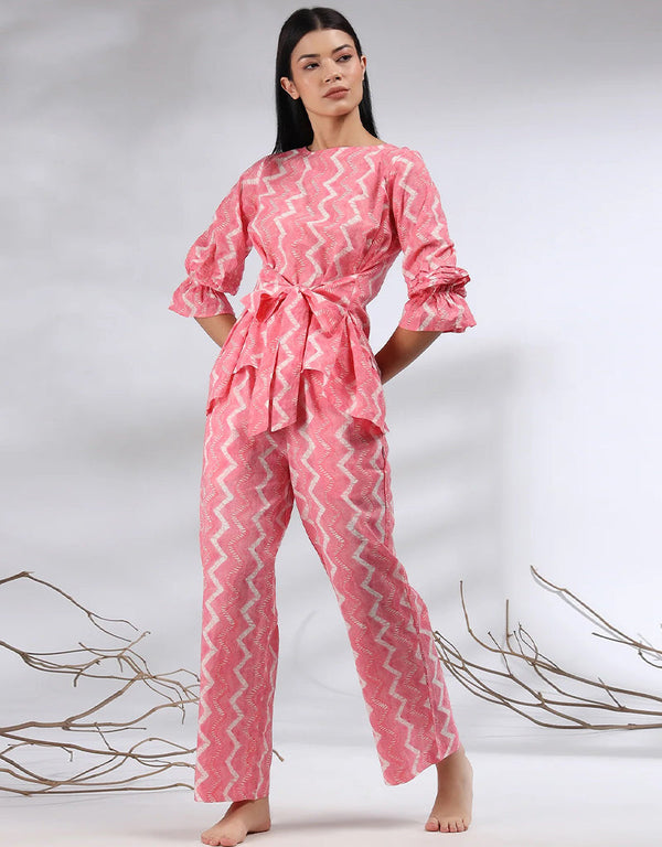 trendy pink cotton blend beautiful readymade co-ord top with bottom set suit design pant 13573-acy3469 Front View