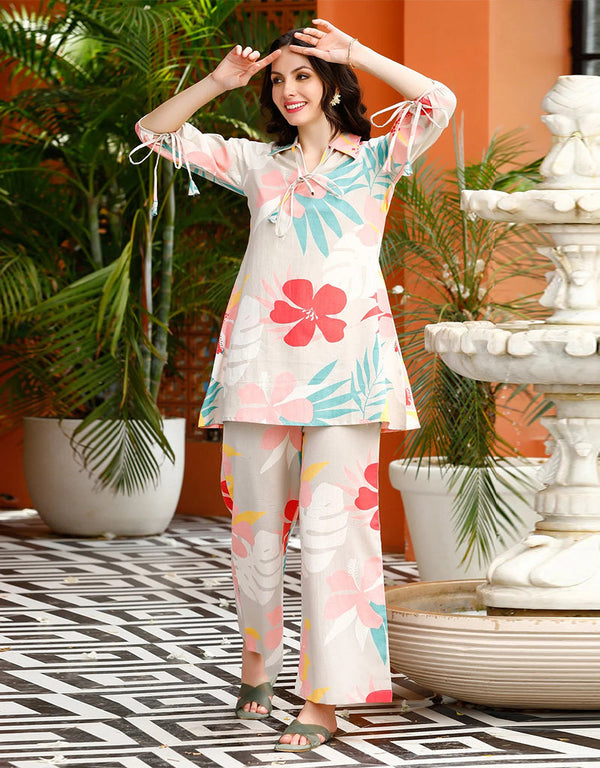 elegant peach cotton blend beautiful readymade co-ord top with bottom set suit design pant 13573-acy3470 Front View