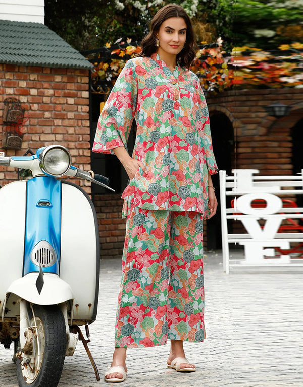 fashionable multy cotton blend beautiful readymade co-ord top with bottom set suit design pant 13573-acy3471 Front View