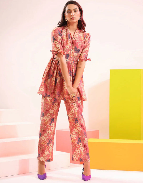 sleek pink cotton blend beautiful readymade co-ord top with bottom set suit design pant 13573-acy3472 Front View