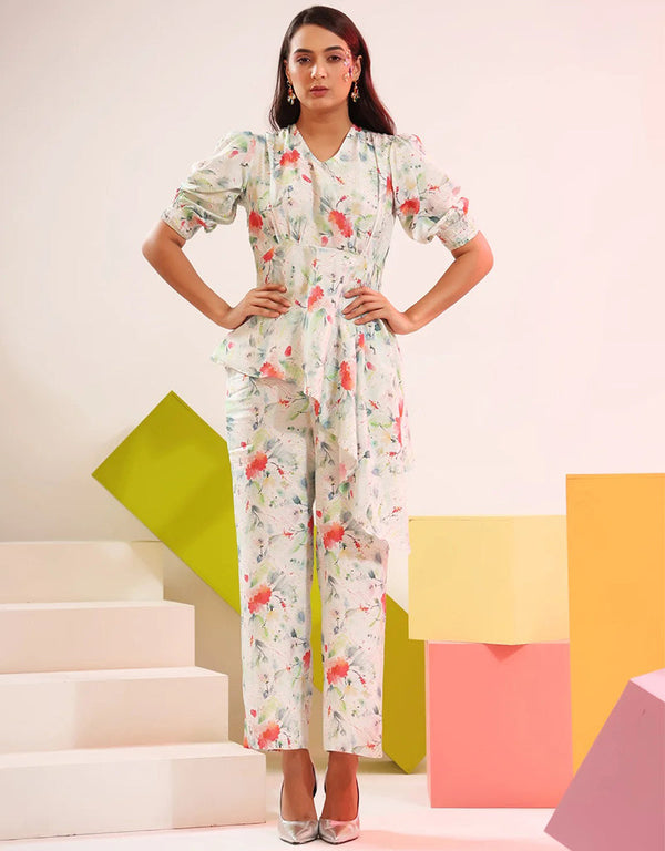 modern white cotton blend beautiful readymade co-ord top with bottom set suit design pant 13573-acy3473 Front View