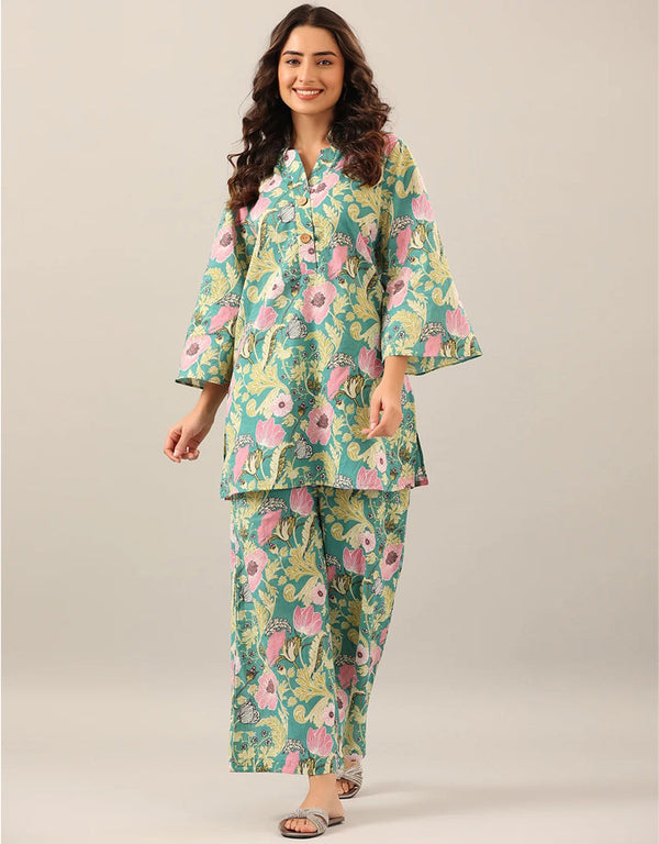 sophisticated green cotton blend beautiful readymade co-ord top with bottom set suit design pant 13573-acy3474 Front View