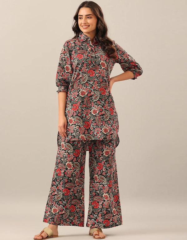 glamorous black cotton blend beautiful readymade co-ord top with bottom set suit design pant 13573-acy3475 Front View
