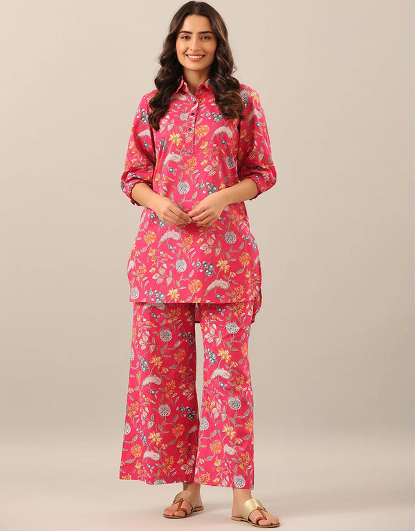 contemporary pink cotton blend beautiful readymade co-ord top with bottom set suit design pant 13573-acy3476 Front View